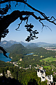 View to Neuschwanstein Castle and Hohenschwangau Castle, Schwangau near Fuessen, Allgaeu, Bavaria, Germany