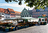 Market stalls in the market square, Weimar, Thuringia, Germany