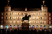 Equestrian monument at Plaza Major at night, Madrid, Spain, Europe