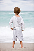 Rear view of a boy standing on the beach
