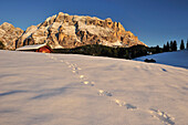 Verschneiter Heustadel unter dem Heiligkreuzkofel, Fußspuren im Schnee, Gadertal, Dolomiten, UNESCO Weltnaturerbe, Südtirol, Italien