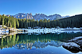 Lake Karersee with Latemar mountain range in the background, Dolomites, UNESCO World Heritage Site, South Tyrol, Italy