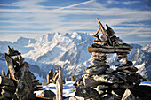 Cairns at Peterskoepfl with view to Zillertal range, Zillertal range, Zillertal, Tyrol, Austria