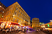 Illuminated restaurants on Cours Saleya in the evening, Nice, France