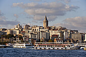 View over Golden Horn onto Galata tower at Beyoglu, Istanbul, Turkey, Europe