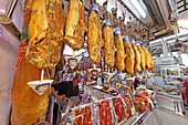 Ham at central market hall Mercado Central, Valencia, Spain, Europe