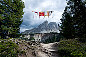 Flags, Peitlerkofel in the background, Dolomites, Alto Adige, South Tyrol, Italy