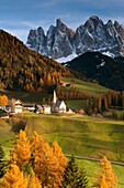 Mountain village St. Magdalena in front of Geisler mountain range in autumn, Valley of Villnoess,  South Tyrol, Alto Adige, Italy, Europe