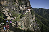 Buddhist pilgrims, Taktsang Monastery, Paro, Kingdom of Bhutan