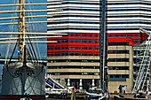 Lappstiftet (Lipstick), the red and white Skanska skyscraper, and the Barken Viking Ship which has been refitted as a hotel, Gothenburg, Sweden.