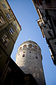 Galata Tower and buildings, low angle view, Istanbul, Turkey