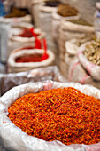 Sacks of spices for sale in the bazaars around the Rustem Pasa Mosque, Istanbul, Turkey.
