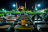 People chatting on becnhes in front of the Sultanahmet or Blue mosque at night (with seagulls flying above), Istanbul, Turkey.