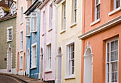 Pastel coloured traditional style houses in resort village of Salcombe, Devon, UK