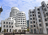 The Rheinturm and Frank Gehry's Neuer Zollhof, Medienhafen, Düsseldorf, Germany, Europe