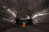 USA, Hawaï, Caving, Lava tube, volcano, gallery with stalactite of lava on the roof, Kazamura cave