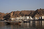 Oman, Muscat, Mutrah, harbour, fort, mountains