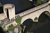 Luxembourg, bridge on Alzette river, people, aerial view