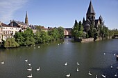 France, Lorraine, Metz, Temple Neuf protestant church, Moselle river