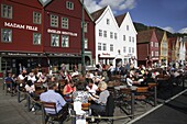 Norway, Bergen, Bryggen historic area, people