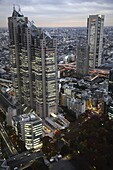 Japan, Tokyo, Shinjuku, Park Tower, aerial view at dusk