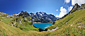 Gebirgslandschaft mit Oeschinensee, Blüemlisalp, UNESCO Weltnaturerbe Schweizer Alpen Jungfrau-Aletsch, Berner Oberland, Kanton Bern, Schweiz