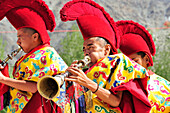 Monks playing wind instruments, monastery festival, Phyang, Leh, valley of Indus, Ladakh, Jammu and Kashmir, India