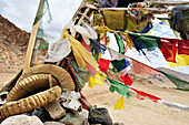 Prayer flags and skull of ram at pass, trekking from Yangtang to Temisgam, Ladakh, Jammu and Kashmir, India