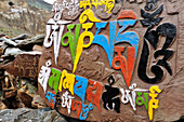 Bunt verzierte Mani-Steine mit Kloster Phuktal im Hintergrund, Phuktal, Großer Zanskar Trek, Zanskargebirge, Zanskar, Ladakh, Indien