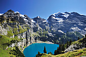 Mountain scenery with Oeschinen Lake, Bluemlisalp, UNESCO World Heritage Site Jungfrau-Aletsch protected area, Bernese Oberland, canton of Bern, Switzerland