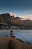 Evening impression at Camps Bay with view to Mountain Range Twelve Apostels, Camps Bay, Cape Town, Western Cape, South Africa, RSA, Africa