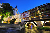 Kraemerbruecke, Bridge with half timbered buildings on both sides in the evenng light, Erfurt, Thuringia, Germany
