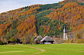 Farmhouse and church in the village of Geschwend, Todtnau-Geschwend, Southern part of Black Forest, Black Forest, Baden-Wuerttemberg, Germany, Europe