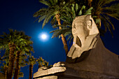 Sphinx and date palms with full moon behind, Avenue of the Sphinxes, Luxor Temple, Luxor, Egypt