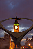 Fountain sculpture and Big Ben at sunset, London, England, United Kingdom