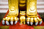 Golden lion guardians at entrance to Sam Poh Temple, Pahang, Malaysia