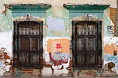 Devastated wall with windows, Oaxaca City, Mexico