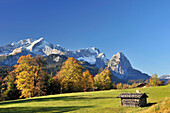 Wetterstein range with Alpspitze, Zugspitze and Waxensteine, meadow with farm shed in foreground, Garmisch-Partenkirchen, Wetterstein range, Upper Bavaria, Bavaria, Germany, Europe