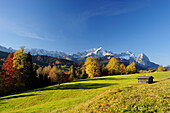 Wetterstein range with Alpspitze, Zugspitze and Waxensteine, meadow with farm shed in foreground, Garmisch-Partenkirchen, Wetterstein range, Upper Bavaria, Bavaria, Germany, Europe