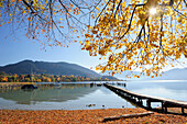 Jetty at lake Tegernsee in autumn, lake Tegernsee, Upper Bavaria, Bavaria, Germany, Europe