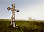 Stone cross in the fog, Oeland island, Sweden, Europe