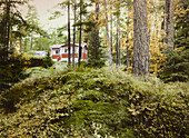 Holzhaus im Wald in den Schären bei Stockholm, Schweden, Europa