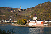 View over the Rhine river onto Pfalzgrafenstein and Gutenfels castle, Kaub, Rhineland-Palatinate, Germany, Europe