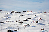 Chalets on snowy hill, NULL