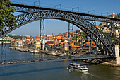 Ponte Dom Luis bridge and boat on Douro River, Oporto, Portugal
