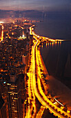 Lake Shore drive and cityscape at night, elevated view, Chicago, Illinois, USA