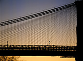 Detail of the Brooklyn Bridge at dusk, Close Up, New York, USA