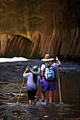 Hiking the Narrows at the Virgin River in Zion National Park, Zion National Park, Utah, USA.