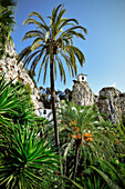 Chapel at rock in Guadalest, palm trees, Costa Blanca, Spain