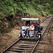 Creative rail travel by locals, self-help, Haputale, Hill Country, Sri Lanka
